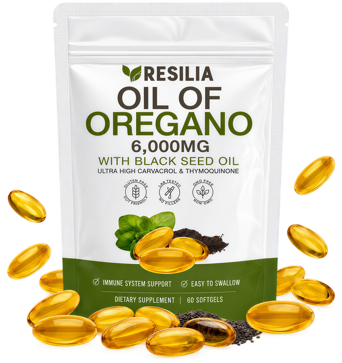 Resilia Oil Of Oregano Softgels with Black Seed Oil - 60 Softgels | Non-GMO, Gluten-Free and Soy-Free